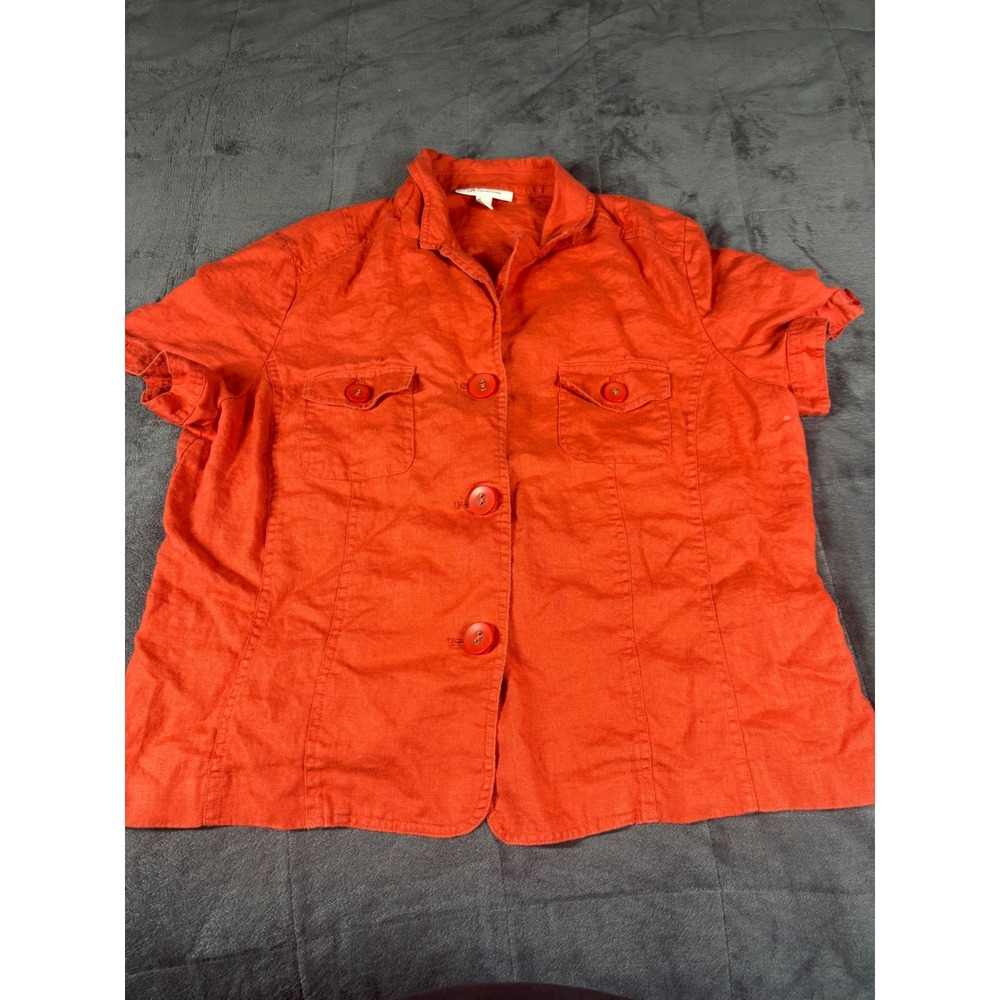 JM Collection Womens 18 Orange 100% Linen Short Sleeve Button‎ Up Shirt Top